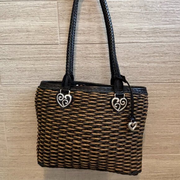 👜Brighton Woven Shoulder Bag Braided Leather Handles Black Tan Bucket - Picture 4 of 10